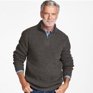 LL Bean Mens Heavy Organic Cotton Waffle Sweater Quarter Zip LARGE TALL Gray